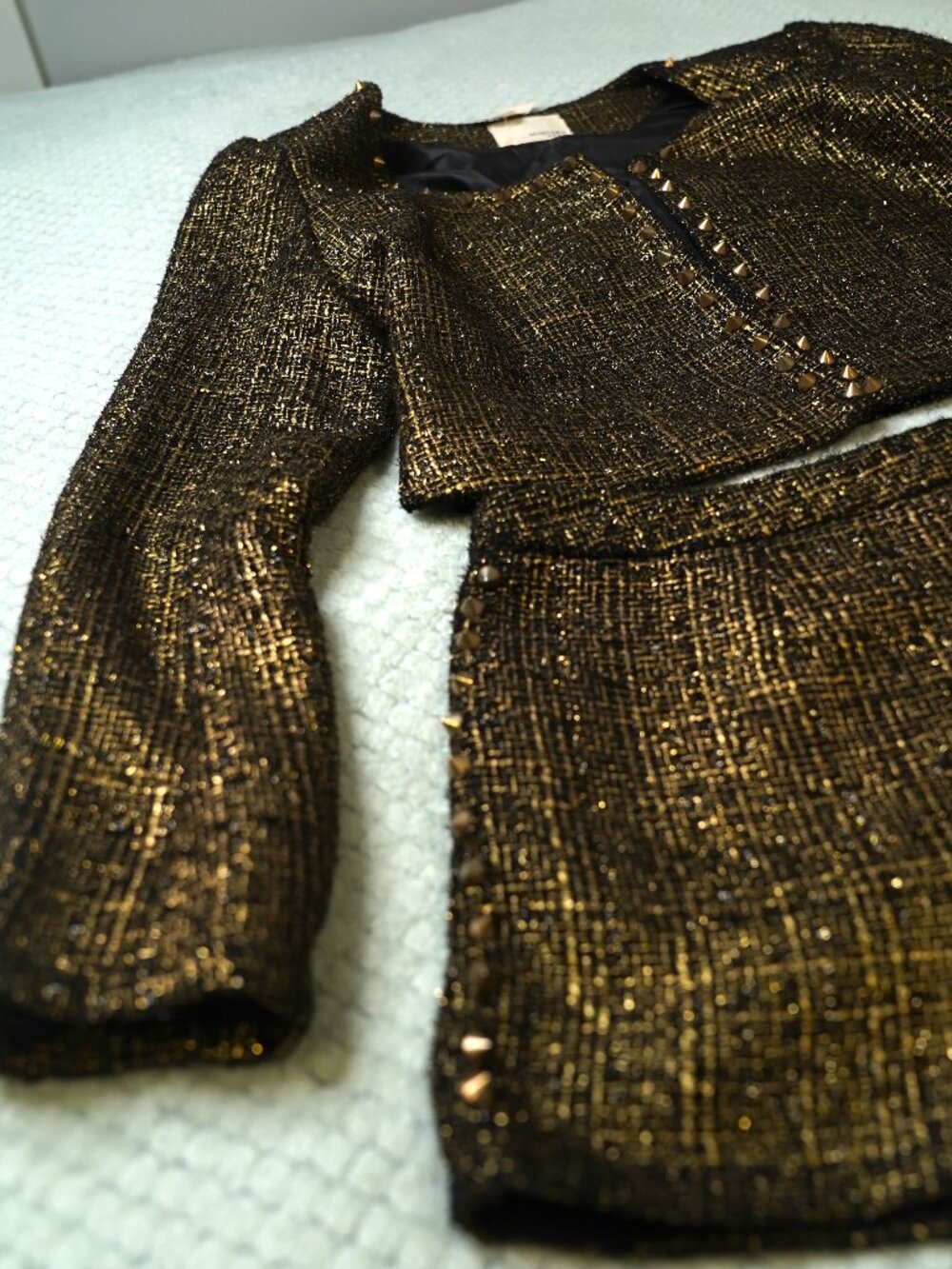 Mustard Seed Black Gold Metallic Tweed Spike Jacket & Shorts Set Size L